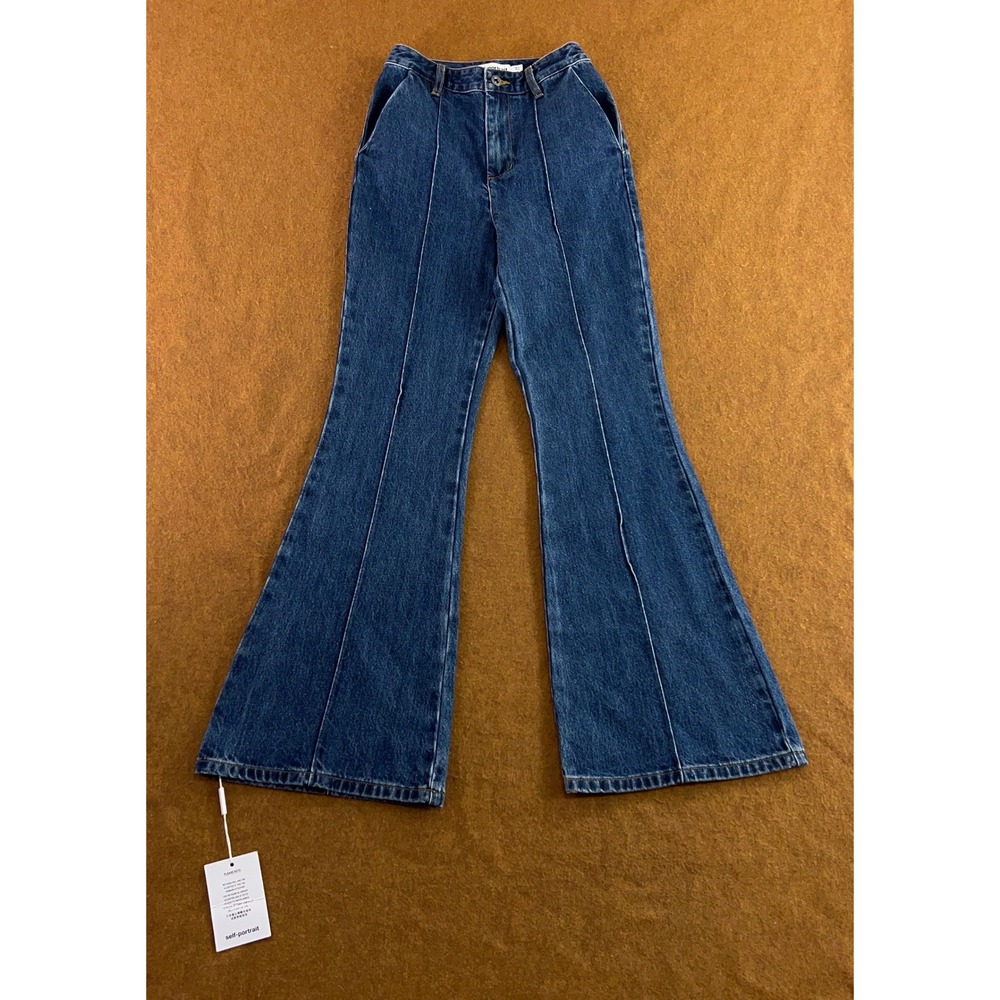 Self-Portrait Womens US 2 Blue Pintuck Seam Flared Denim Jeans NWT